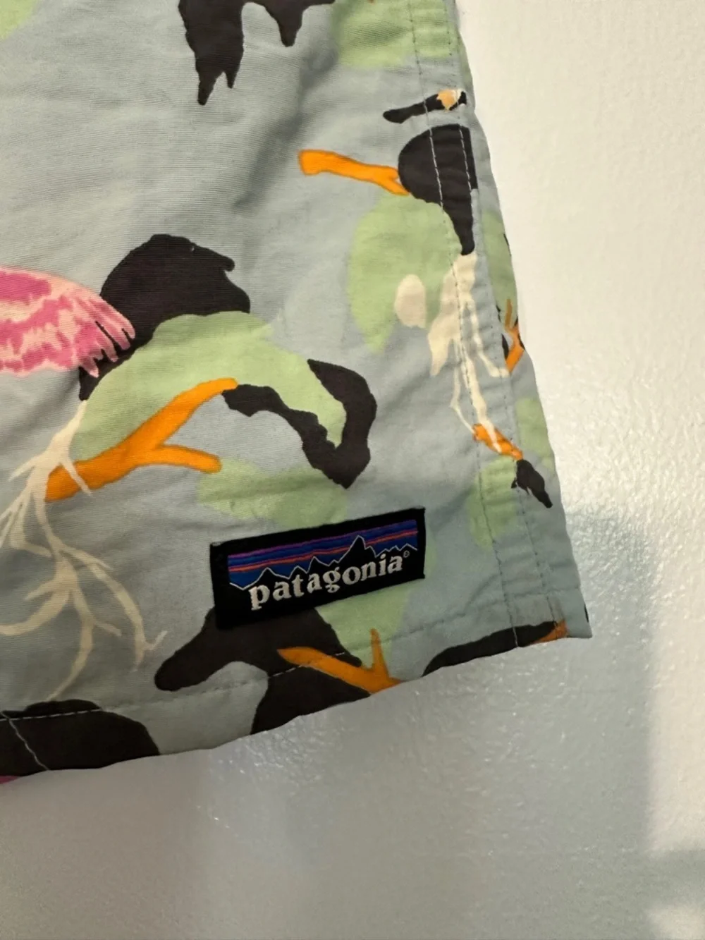 Patagonia Baggies Men’s Swim Shorts Blue Green Spoonbill Bird Print Lined Large